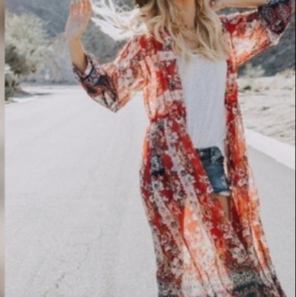 IDYL Duster Floral Berry Red Maxi Sheer NWT HPx3 - Picture 2 of 12